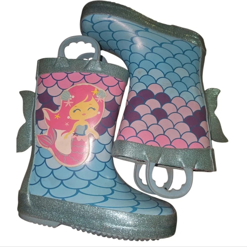 Members Mark Girls Mermaid Rain Boots - Pink & Blue Mermaid Scale Print